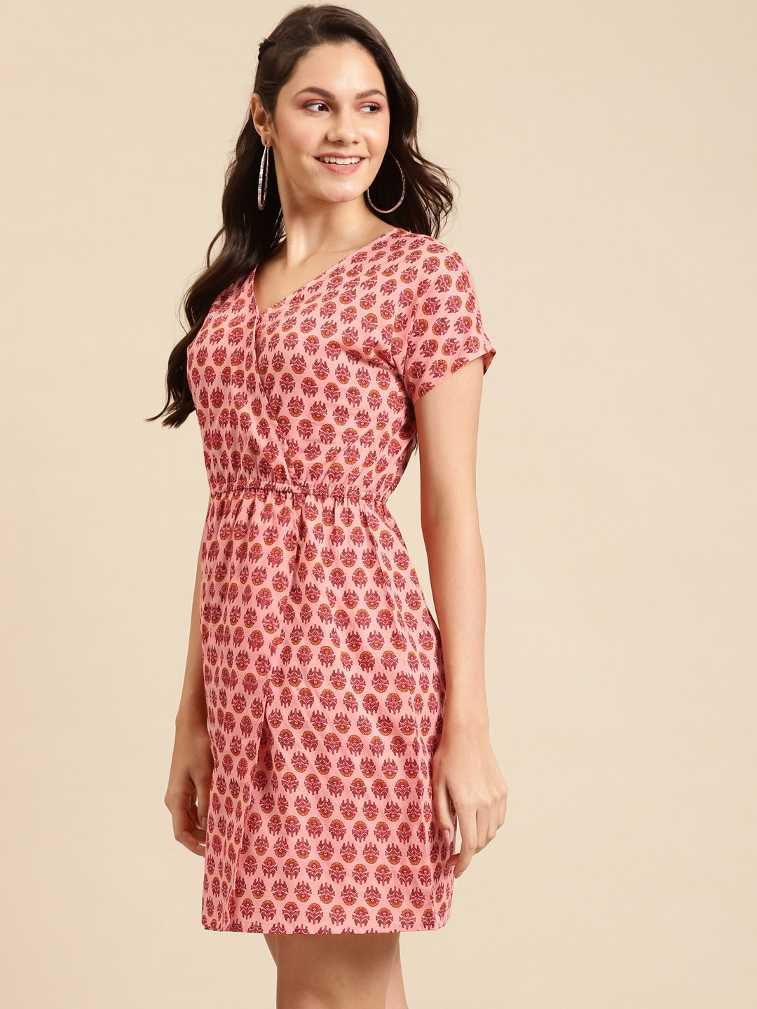 Overlap printed kimono sleeve short dress