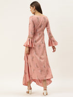 Load image into Gallery viewer, Bell sleeve printed long dress with front drape
