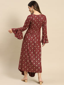 Bell Sleeve Long dress with front drape in Wine Color