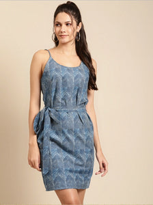 Speghetti Strap printed mini dress with waist tie