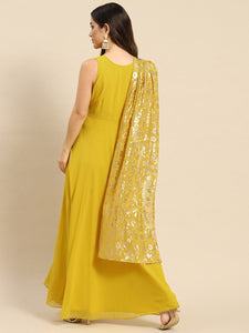 Long flare dress with dupatta drape
