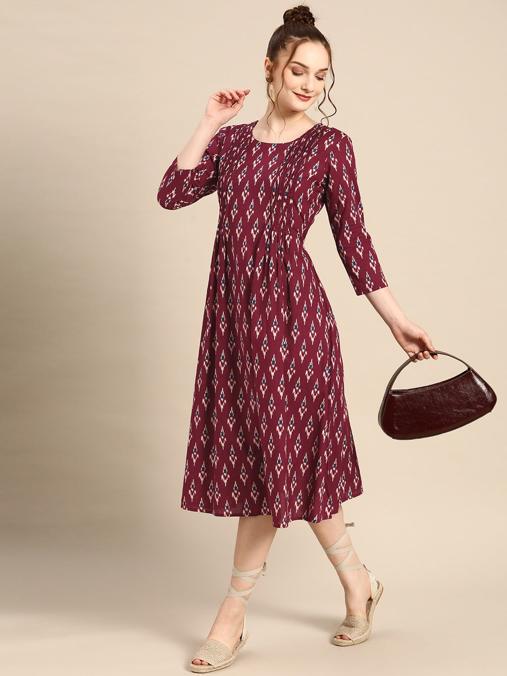 front tucks with flare midi dress