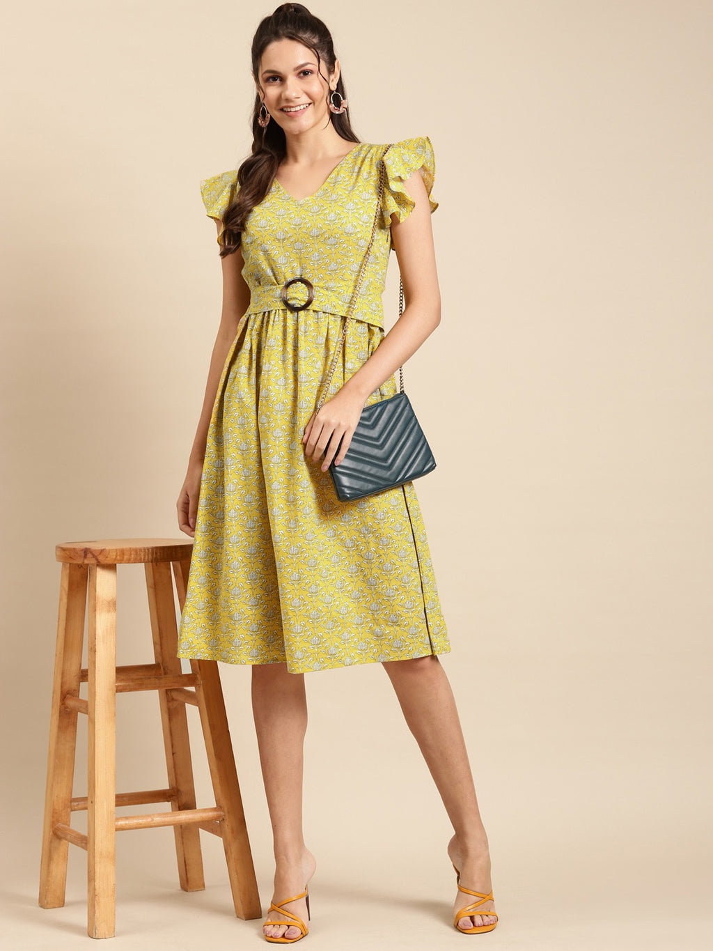 Frill sleeve printed midi dress with buckle belt in Yellow print