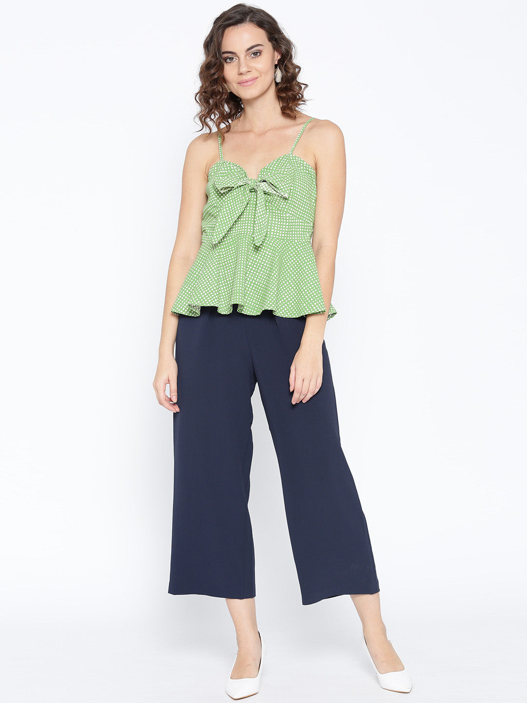 Front knot peplum top with printed checks