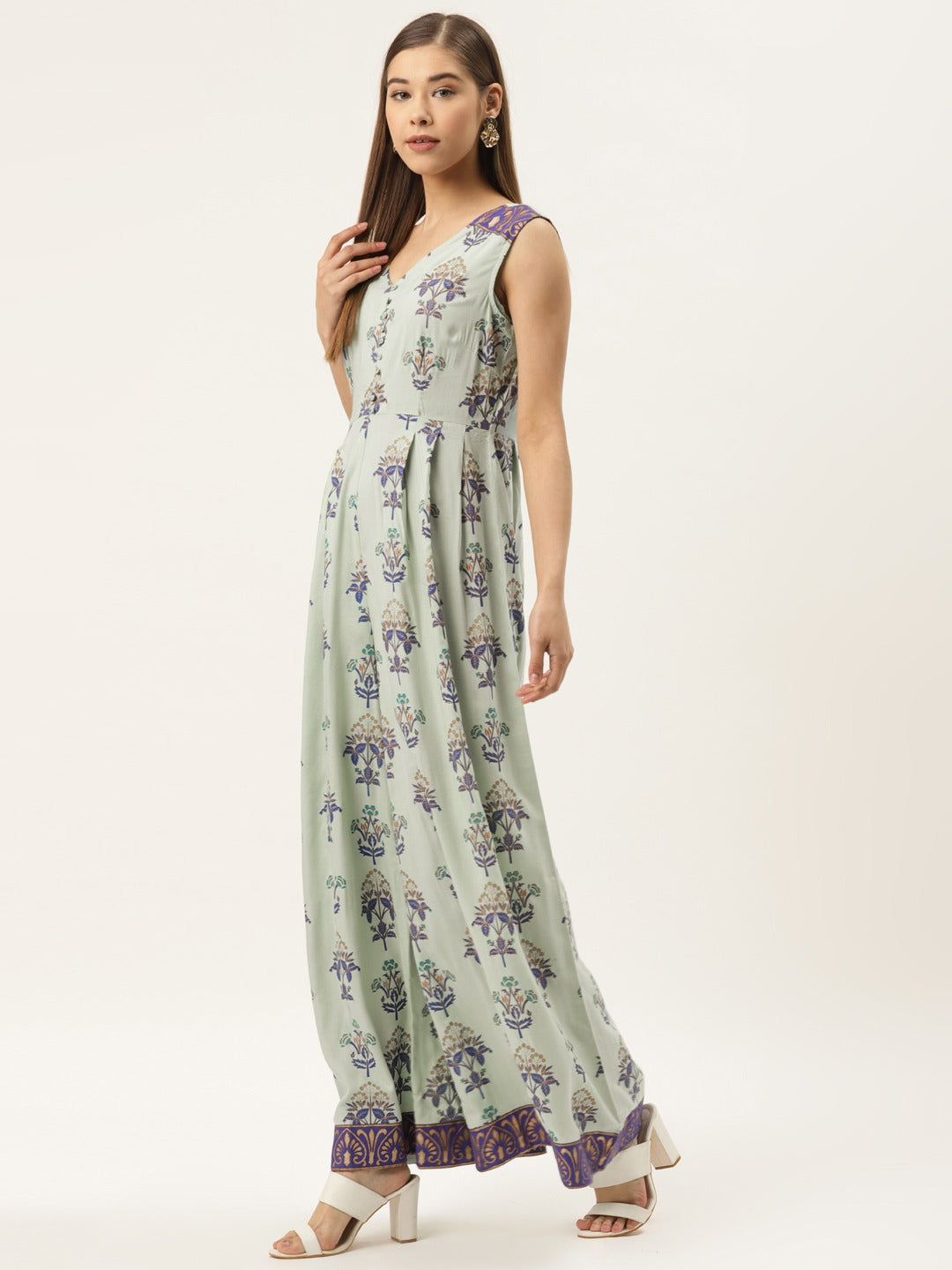 Front loops with flare pleated pants printed jumpsuit