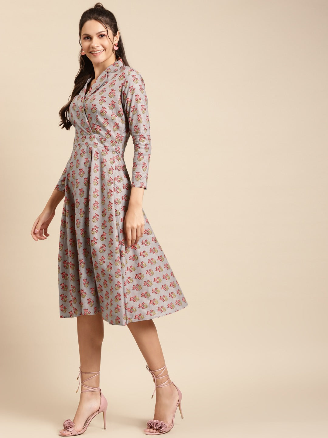 Notch collar with biased flare midi dress