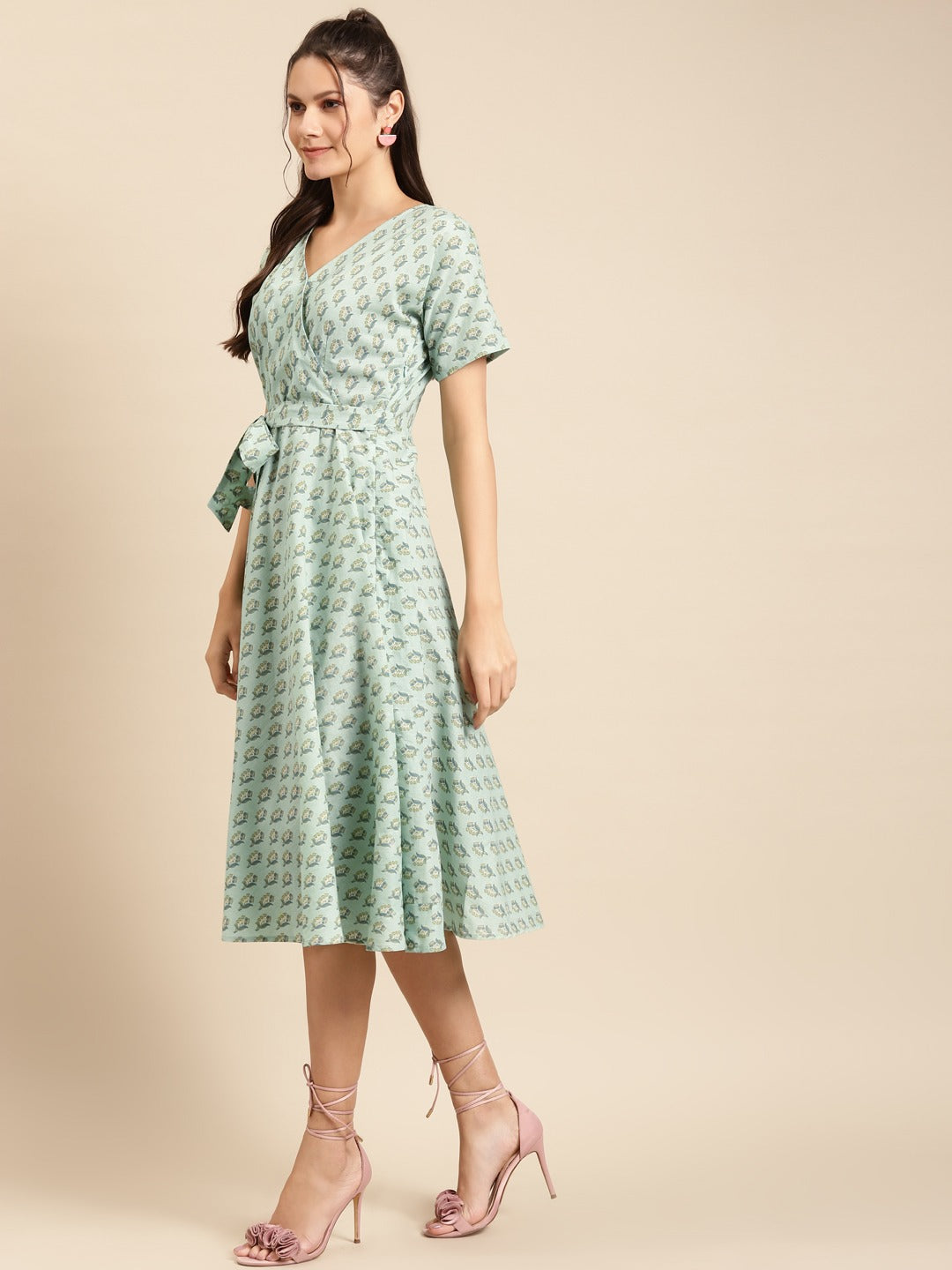 Midi Printed Dress with overlap neck and side tie