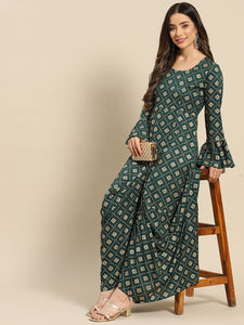 Bell Sleeve Long dress with front drape