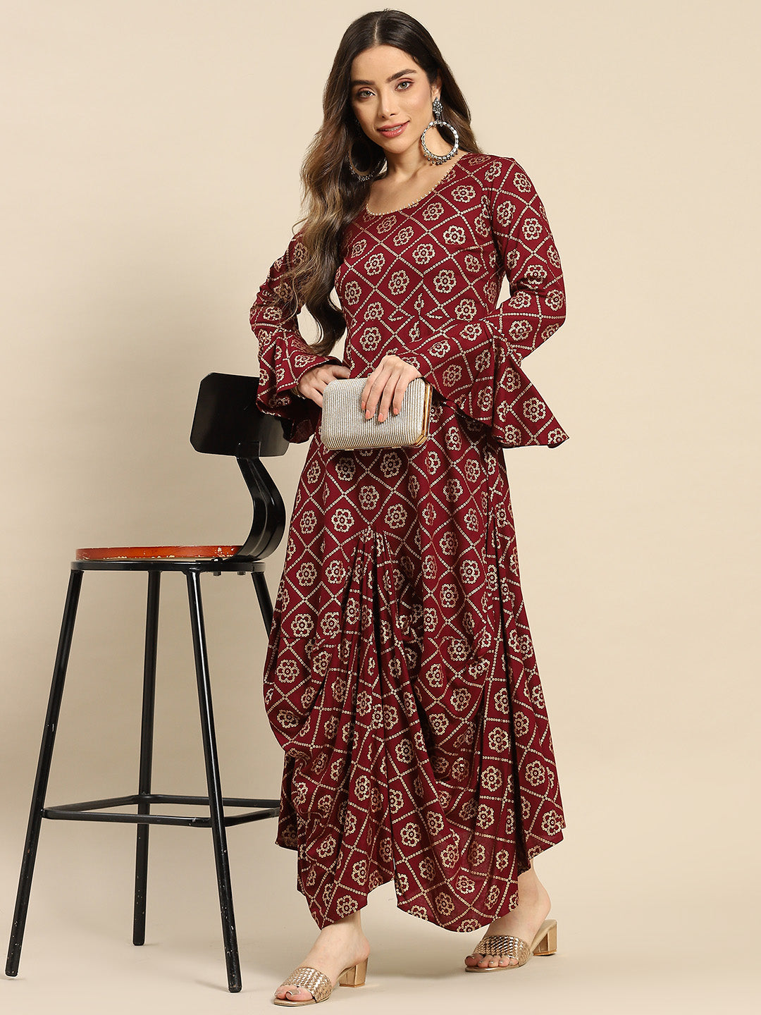 Bell Sleeve Long dress with front drape