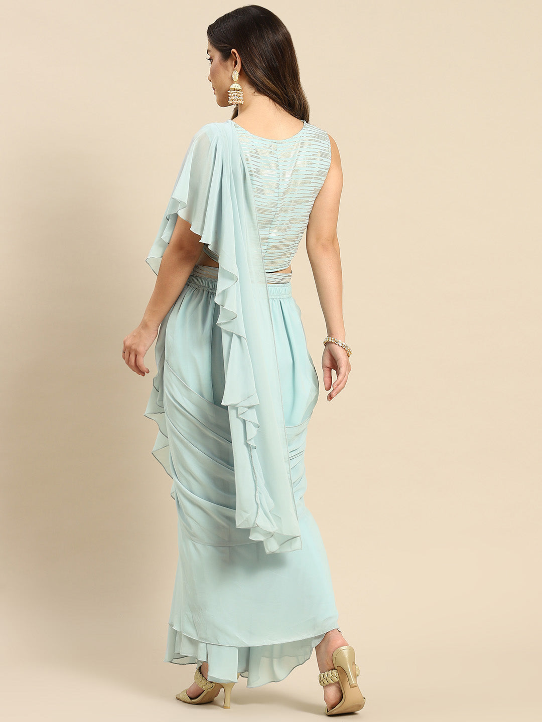 Blouse with prestiched frill gown in Powder Blue
