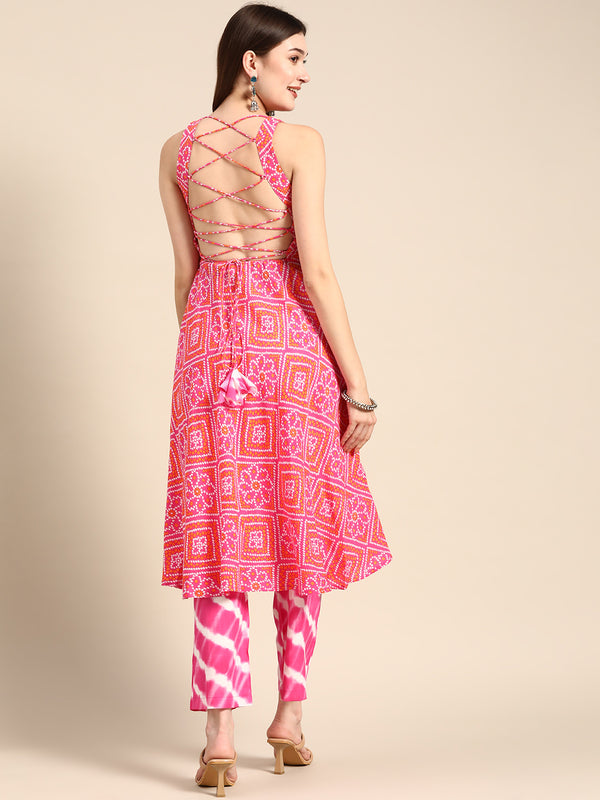 Deep back tie up kurta palazzo in Pink