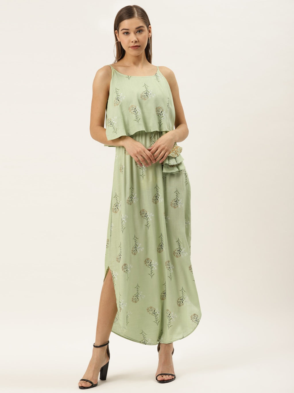 Printed Flare yoke with U hem long dress