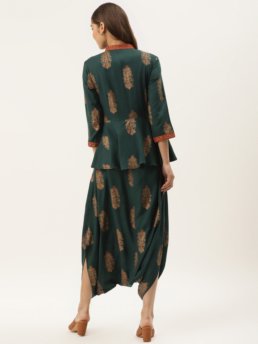 Peplum yoke with low crotch printed jumpsuit in bottle green