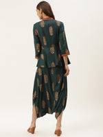 Peplum yoke with low crotch printed jumpsuit in bottle green