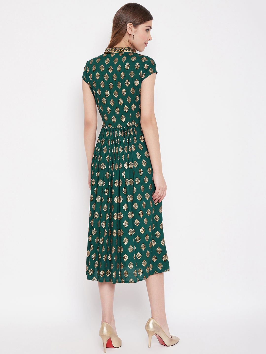 Midi Flare Dress with front loops in Bottle Green