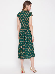 Midi Flare Dress with front loops in Bottle Green