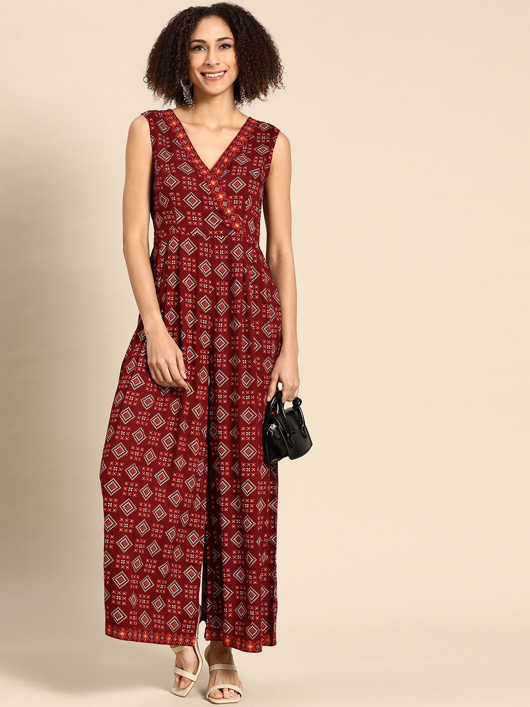 Overlap neck pleated jumpsuit