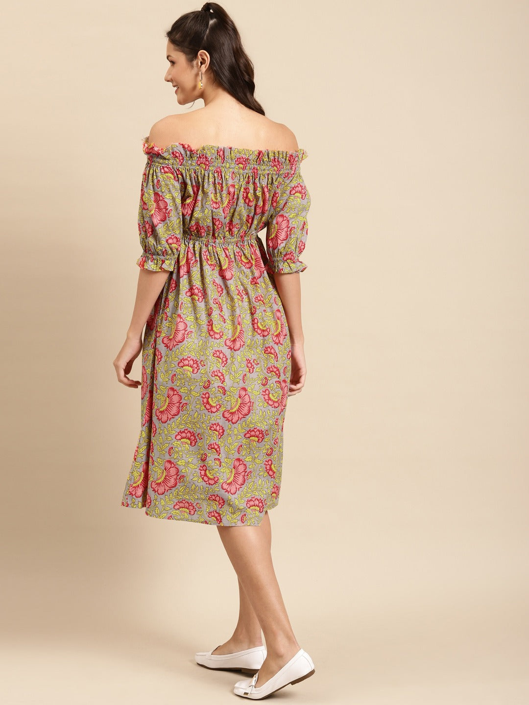 Off shoulder printed midi dress with front tie up