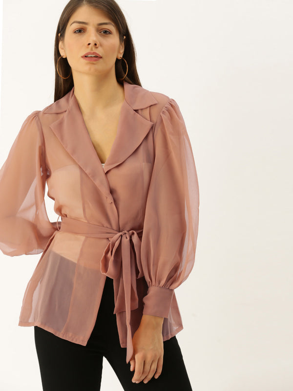 Notch collar overlap top with tie in Dusty Pink