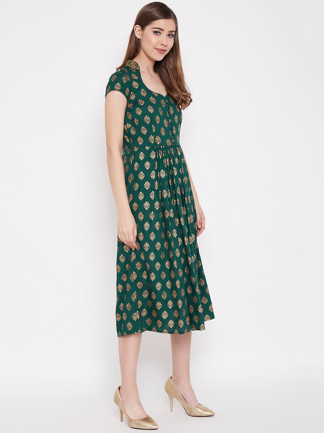 Midi Flare Dress with front loops in Bottle Green