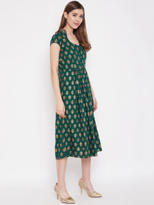 Midi Flare Dress with front loops in Bottle Green