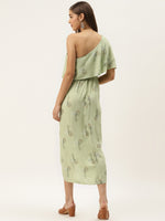 One Shoulder yoke overlap printed dress in pista green