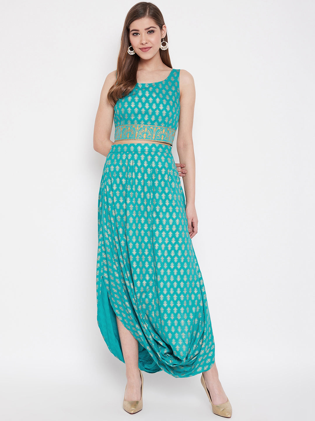 Crop top with cowl dhoti skirt