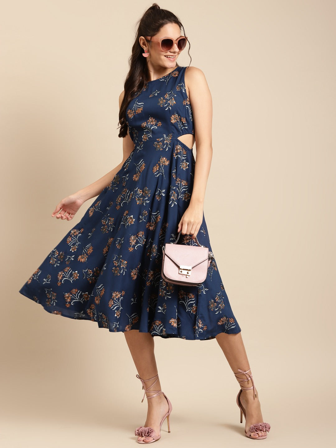 Floral print skater dress with side cut out