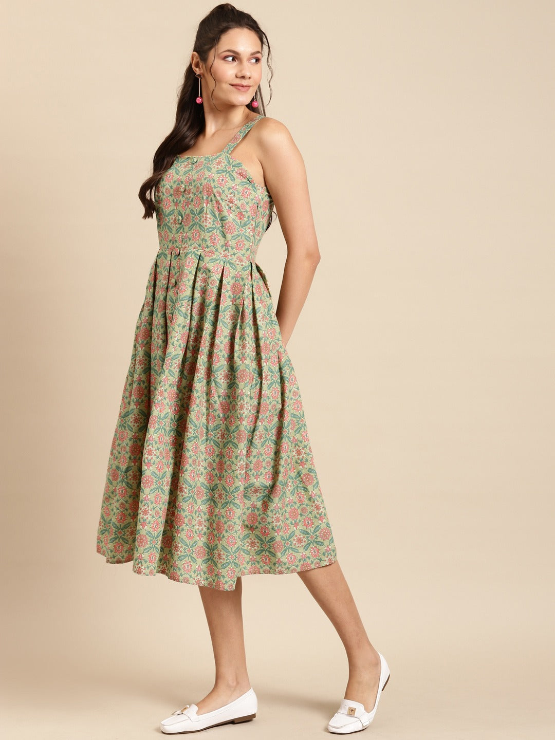 Strappy Box pleate Midi dress with front buttons