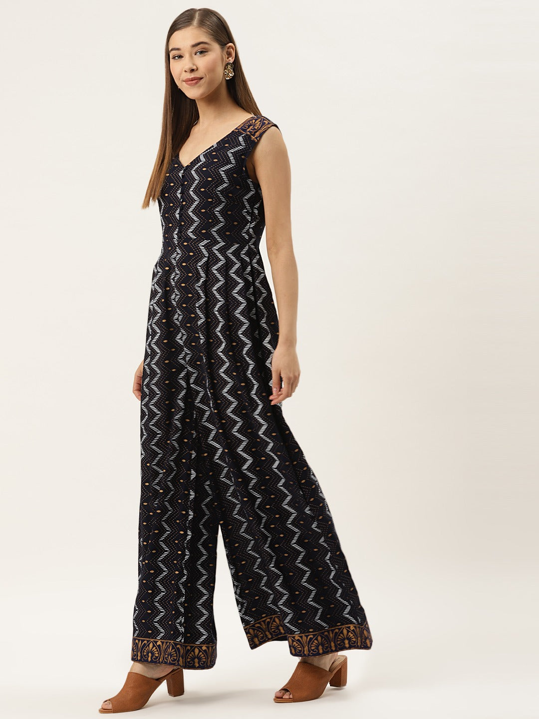 Front loops with flare pleated pants printed jumpsuit