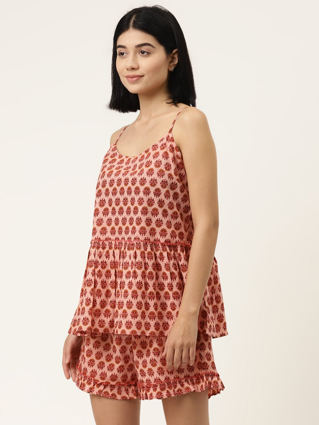 Frill Speghetti and Shorts Set in Pink Buti Print