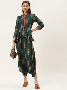 Peplum yoke with low crotch printed jumpsuit in bottle green