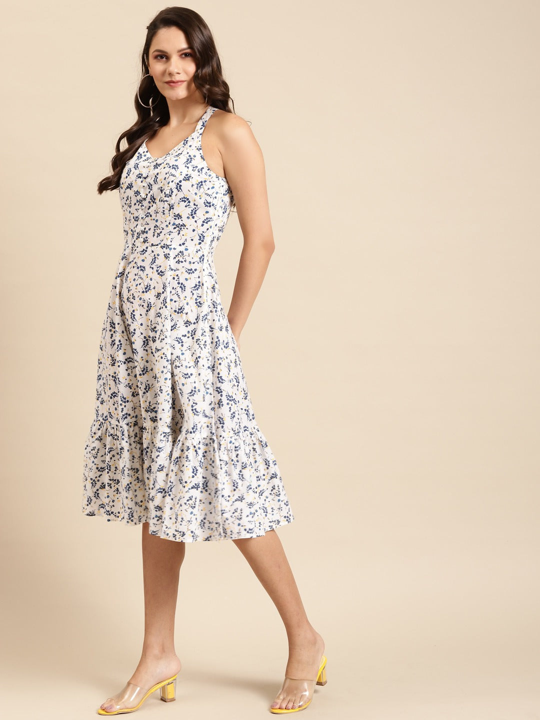 Strappy flared dress in Off White Print