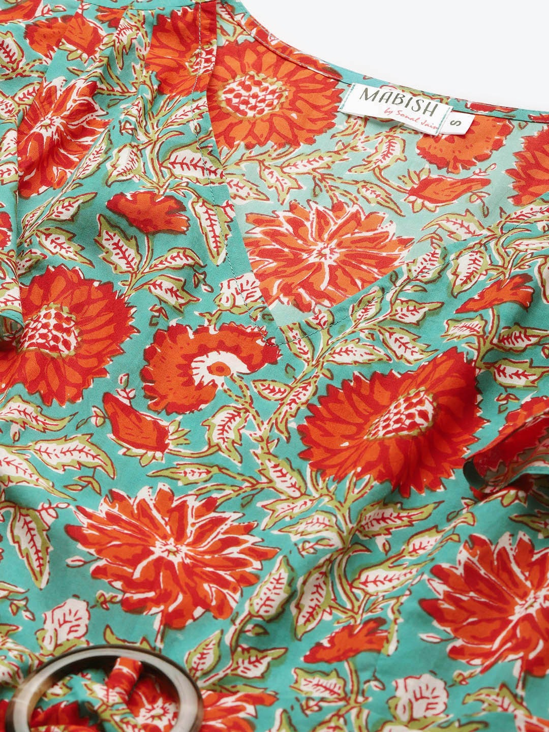 Frill sleeve printed midi dress with buckle belt