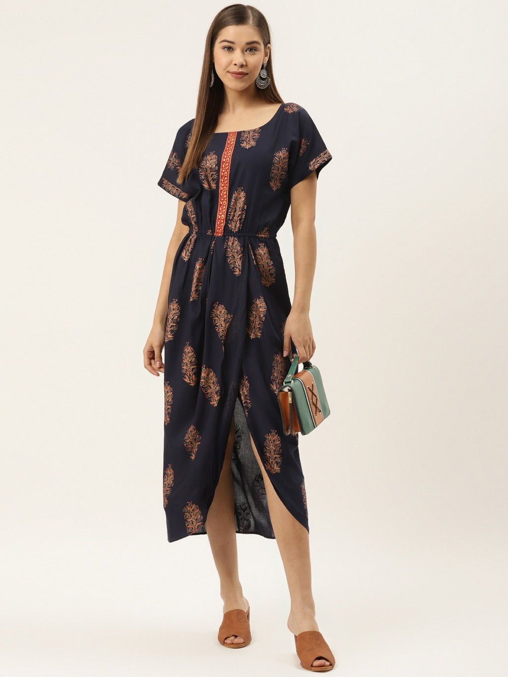 Gold Block Print Front Pleated side cowl dress