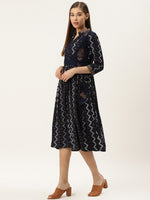 Printed Midi dress with mock waistcoat in navy