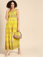 V neck pleated jumpsuit in Yellow Print