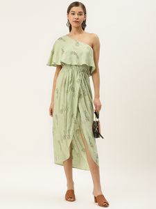 One Shoulder yoke overlap printed dress in pista green