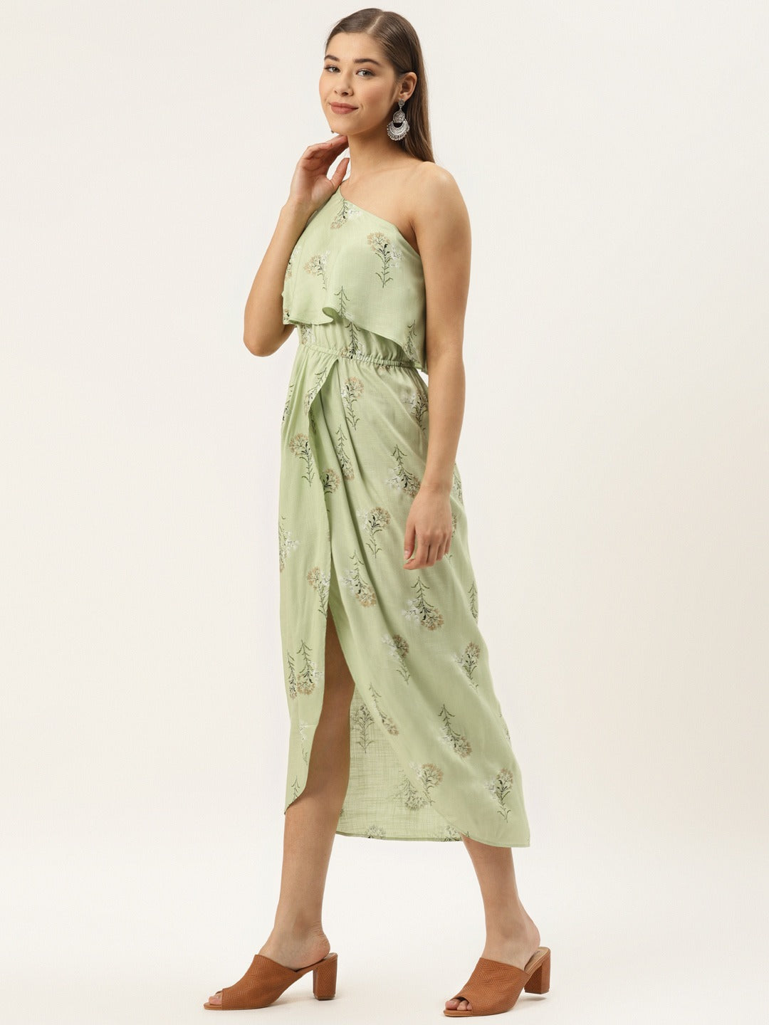 One Shoulder yoke overlap printed dress