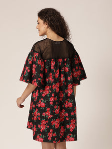 Sheer neck and flare sleeve Dress in Black and Red