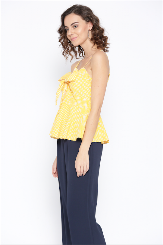 Front knot peplum top with printed checks