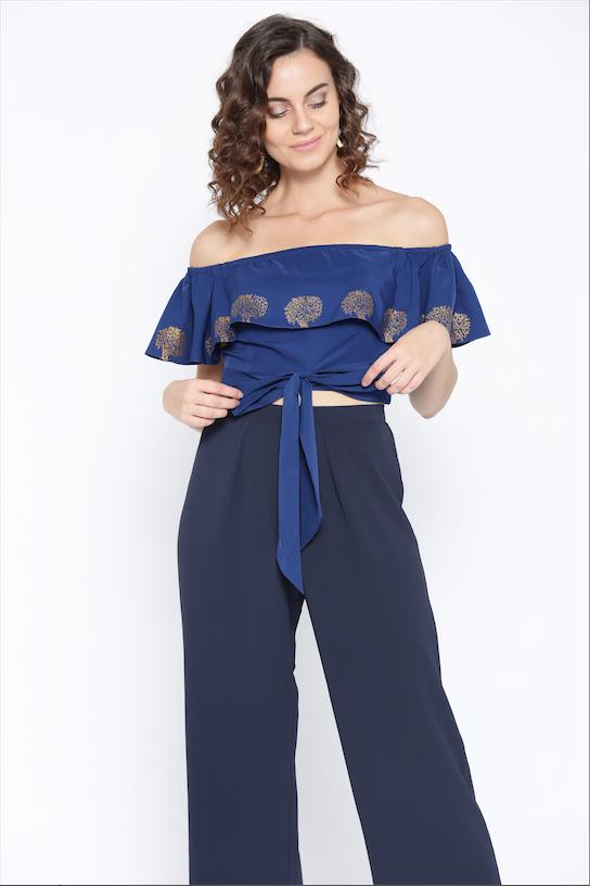 Off shoulder top with criss cross tie up in Blue