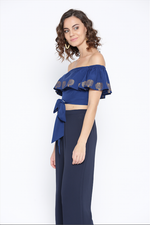 Off shoulder top with criss cross tie up in Blue