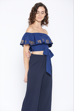 Off shoulder top with criss cross tie up in Blue