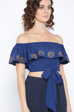 Off shoulder top with criss cross tie up in Blue