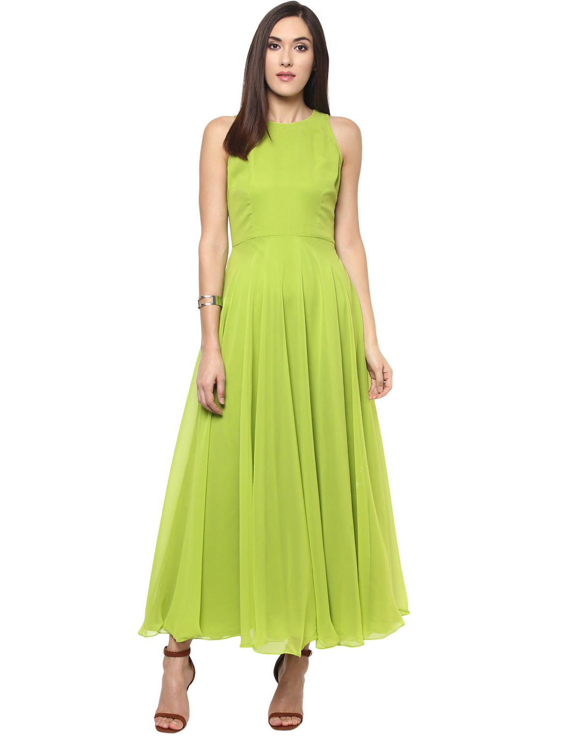 Green coloured Solid Maxi Dress