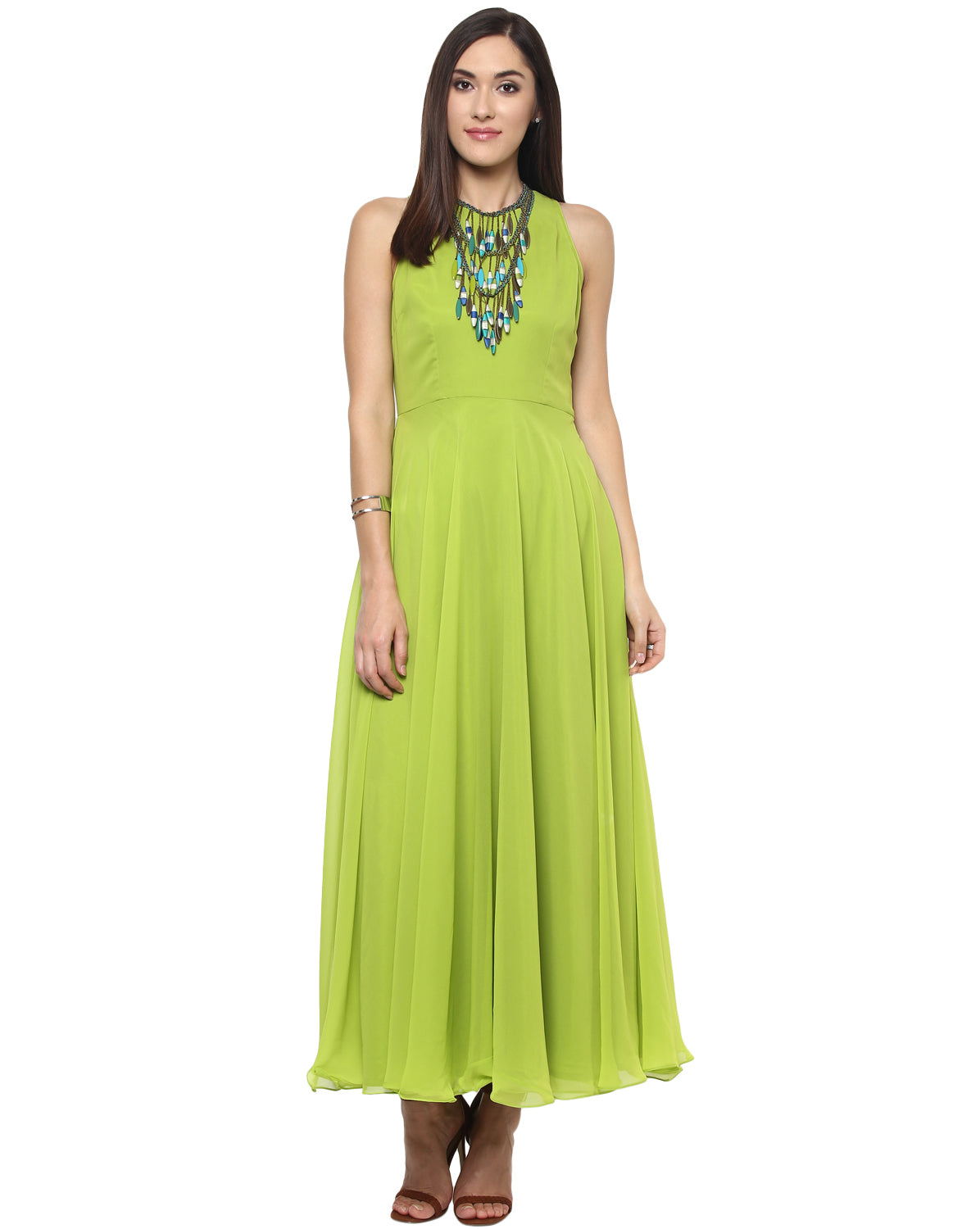 Green coloured Solid Maxi Dress