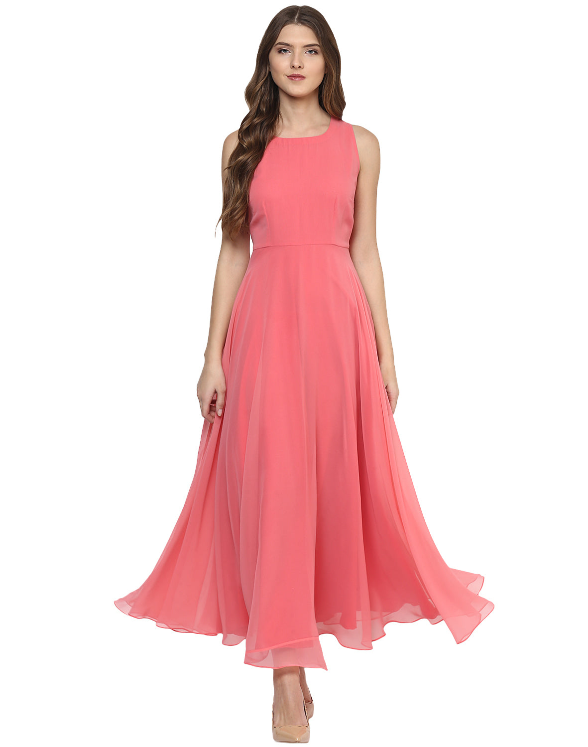 Peach coloured Solid Maxi Dress