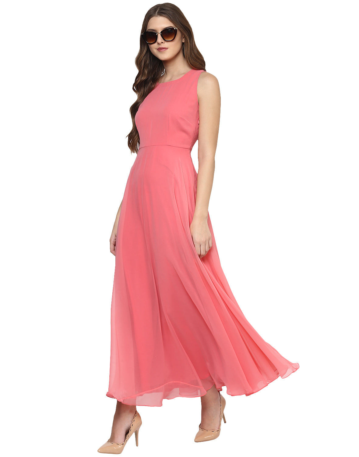 Peach coloured Solid Maxi Dress