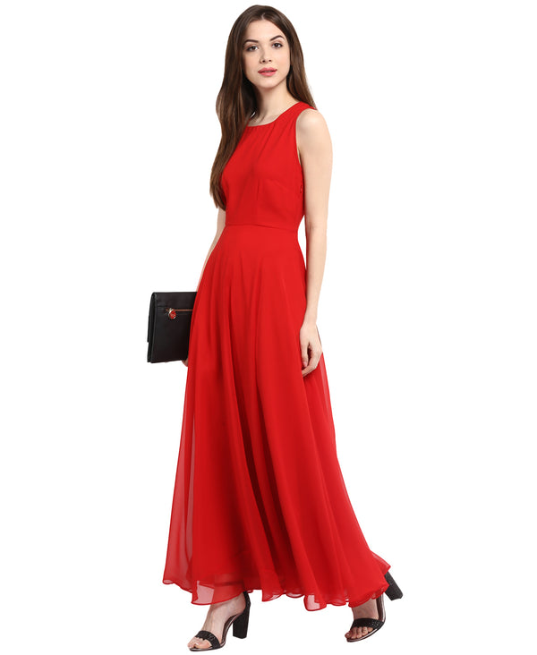 Red Solid Maxi Dress in Red